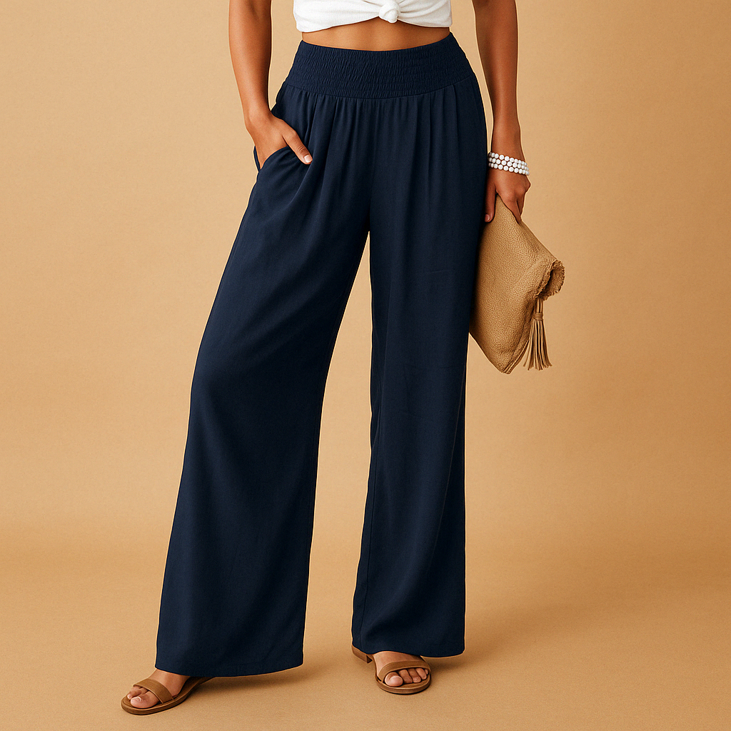 Evie - Casual Women's Linen Trousers with Smocked Waist and Wide Leg