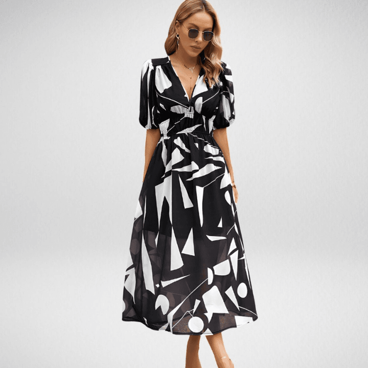 Evie - Chic Women's Wedding Guest Midi Dress with V-Neck, Puff Sleeves and Printed Skirt