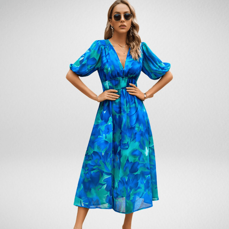 Evie - Chic Women's Wedding Guest Midi Dress with V-Neck, Puff Sleeves and Printed Skirt