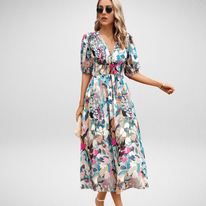 Evie - Chic Women's Wedding Guest Midi Dress with V-Neck, Puff Sleeves and Printed Skirt
