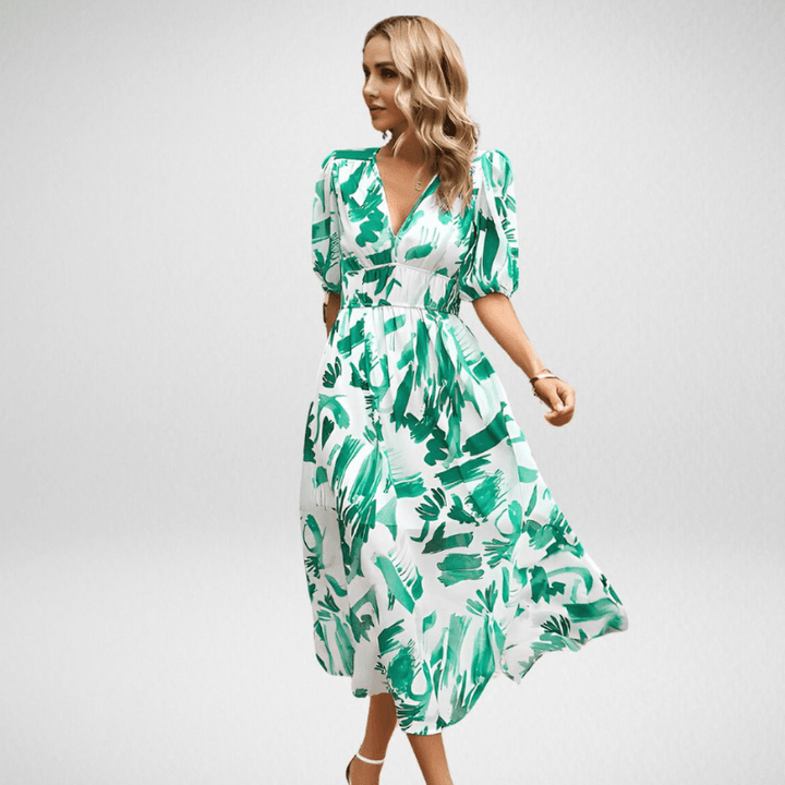Evie - Chic Women's Wedding Guest Midi Dress with V-Neck, Puff Sleeves and Printed Skirt