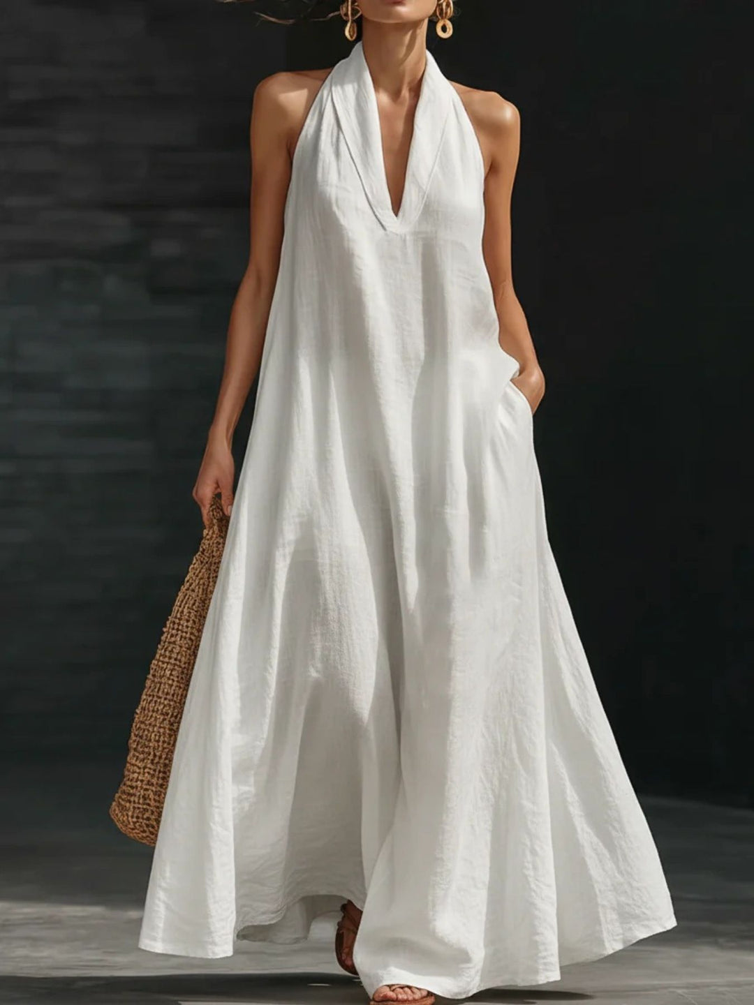 Evie - Flowy Women's Linen Maxi Dress with Halter Neckline and Deep V Front