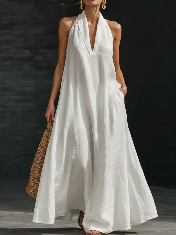 Evie - Flowy Women's Linen Maxi Dress with Halter Neckline and Deep V Front