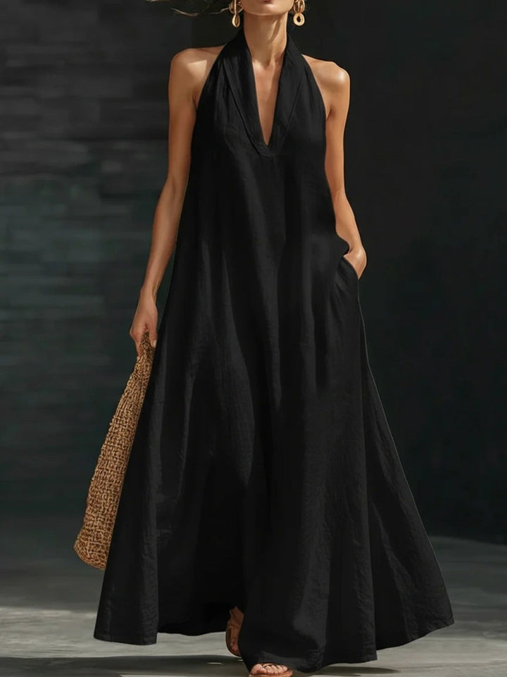 Evie - Flowy Women's Linen Maxi Dress with Halter Neckline and Deep V Front
