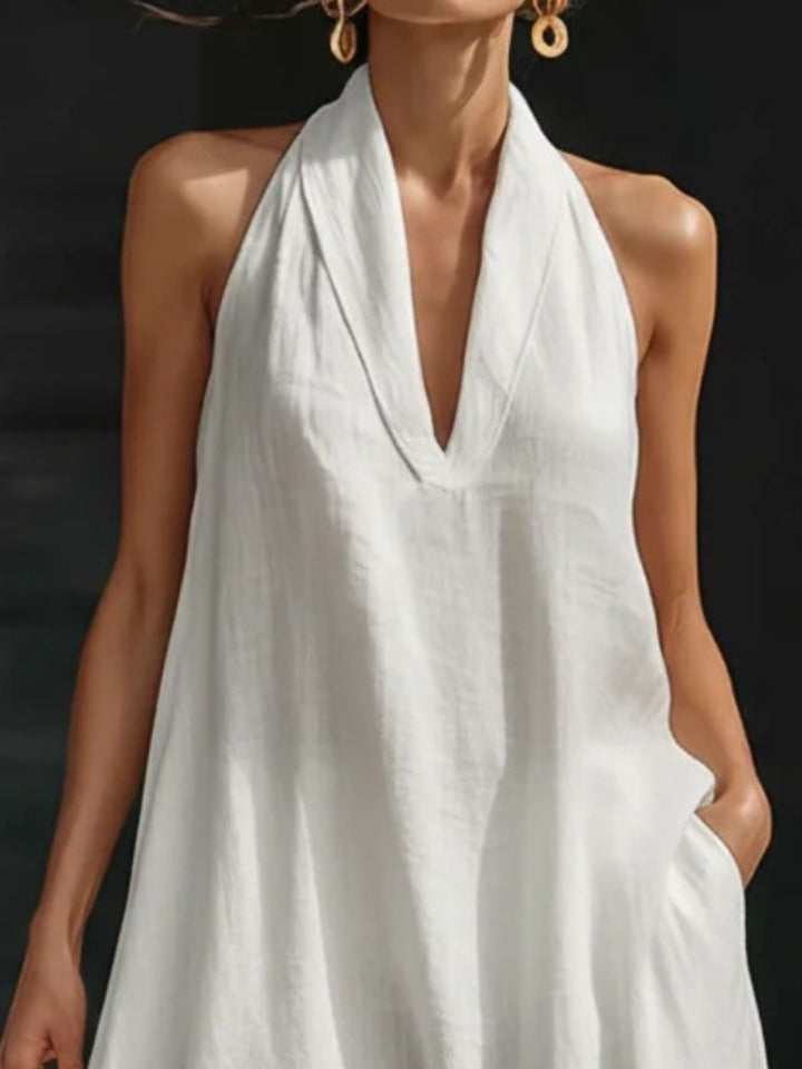 Evie - Flowy Women's Linen Maxi Dress with Halter Neckline and Deep V Front