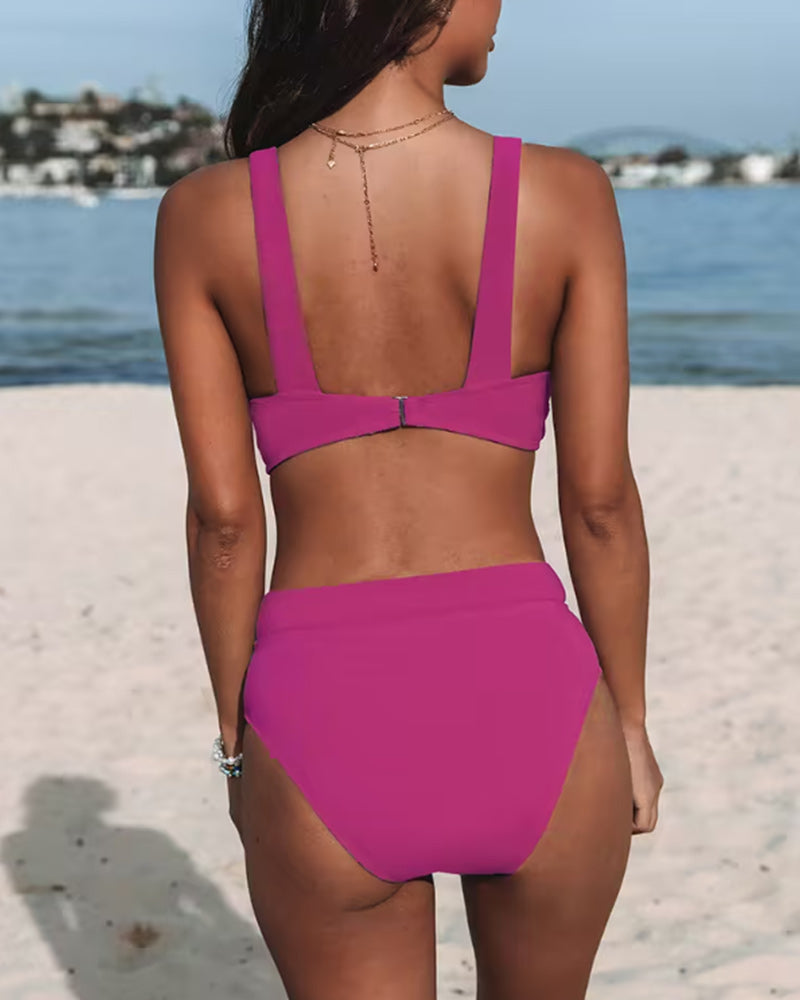 Evie - Relaxed Women's Swimsuit Bikini Set with Crossover V Neck Top and High Waist Bottoms