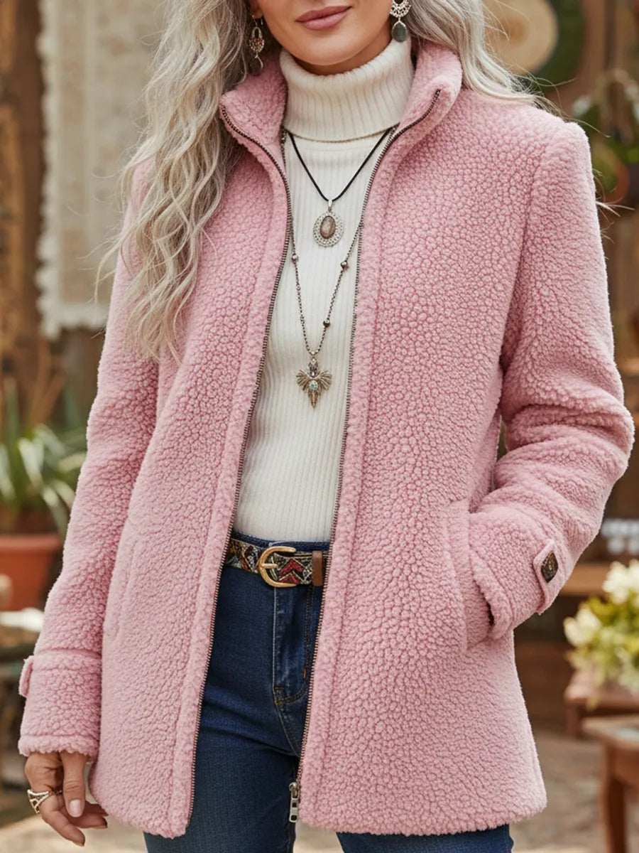 Evie - Women’s long warm teddy fleece jacket with stand collar and zip