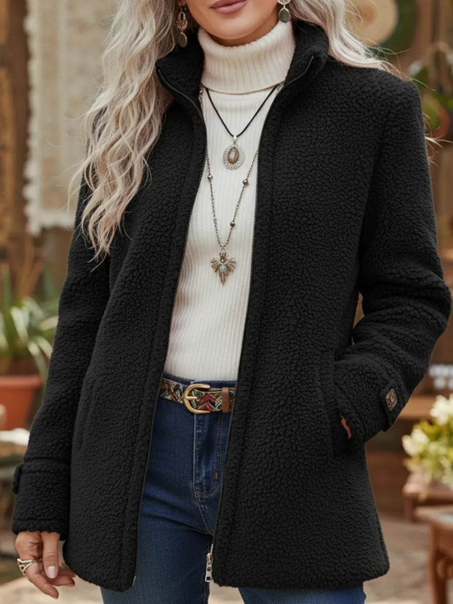 Evie - Women’s long warm teddy fleece jacket with stand collar and zip