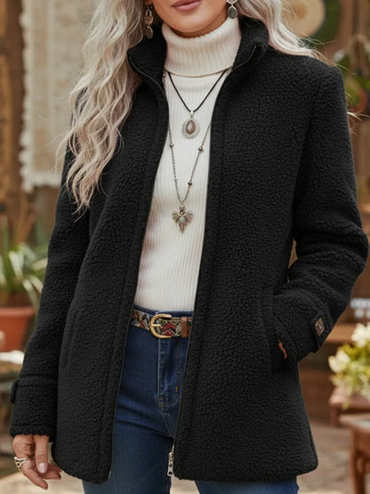 Evie - Women’s long warm teddy fleece jacket with stand collar and zip
