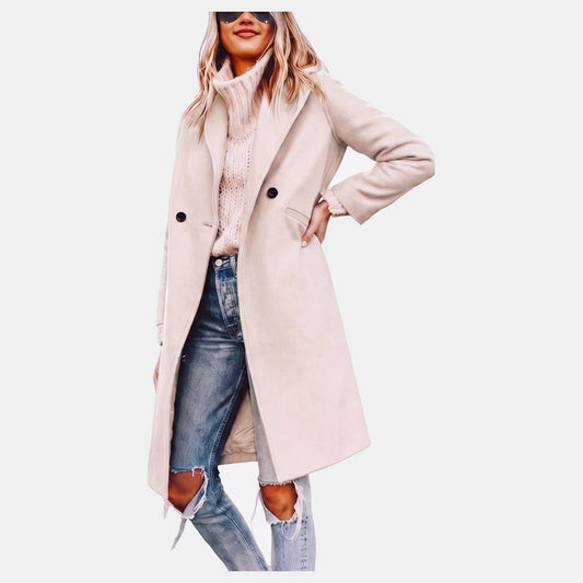 Evie - Women's long winter trench coat with double breasted front and lapels