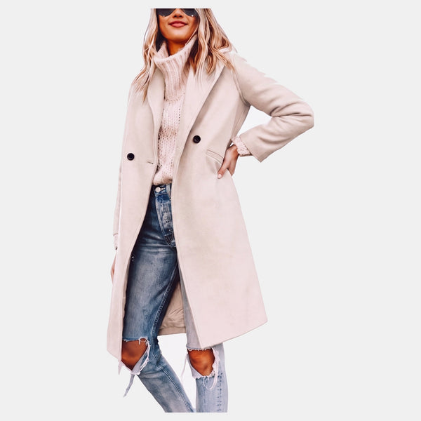 Evie - Women's long winter trench coat with double breasted front and lapels