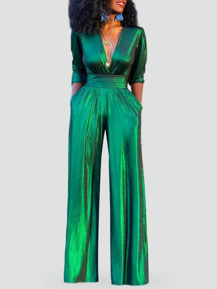 Evie - Women's sparkly metallic wide leg jumpsuit with deep v neck