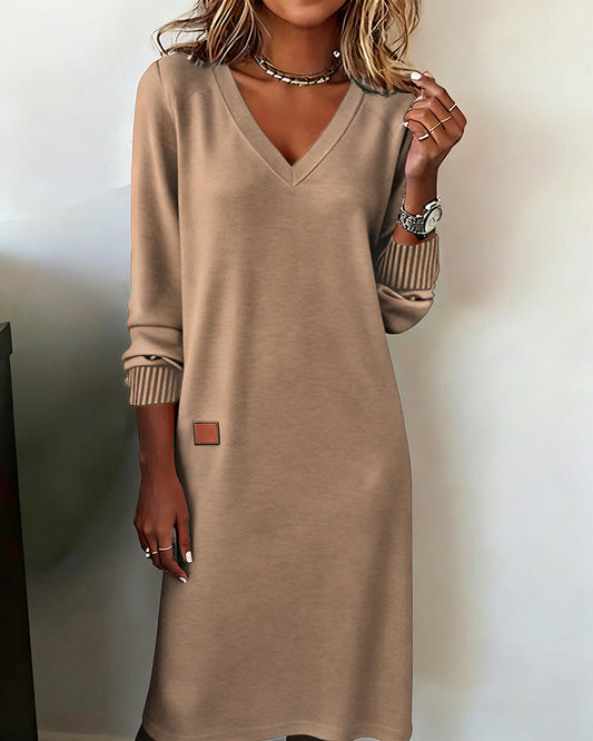 Fenna - Women's autumn jumper dress v neck and long sleeve
