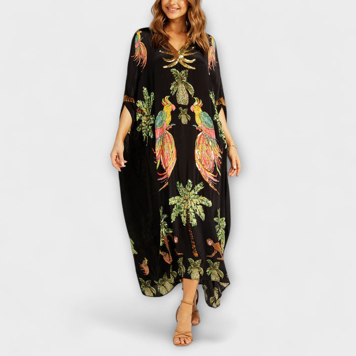 Florence - Boho Women's Maxi Dress with V-Neck and Tropical Print and Sequin Trim