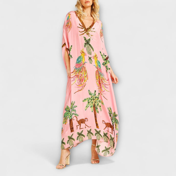 Florence - Boho Women's Maxi Dress with V-Neck and Tropical Print and Sequin Trim