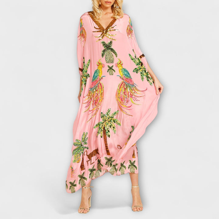 Florence - Boho Women's Maxi Dress with V-Neck and Tropical Print and Sequin Trim