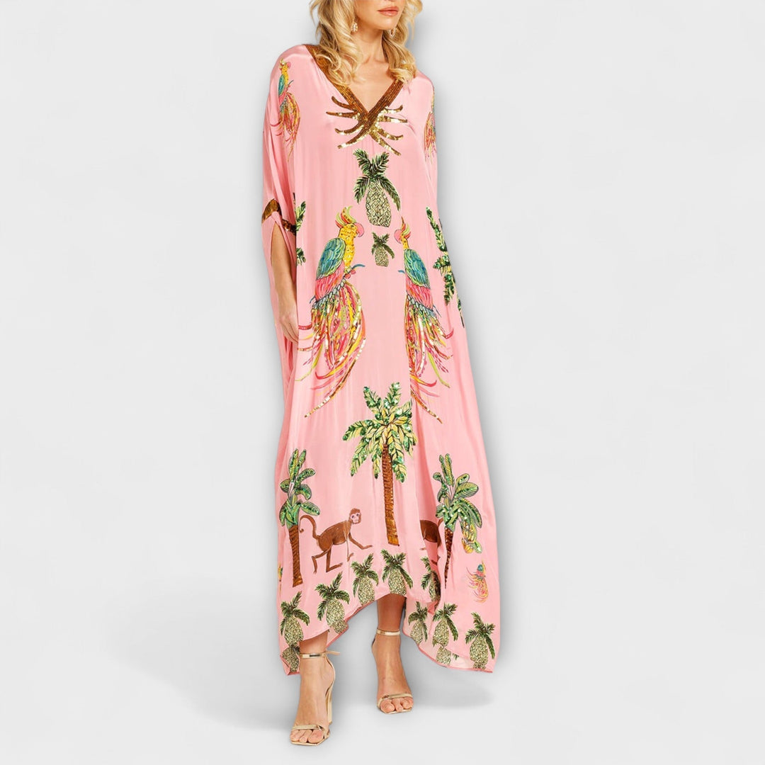 Florence - Boho Women's Maxi Dress with V-Neck and Tropical Print and Sequin Trim