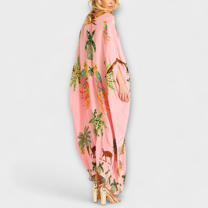 Florence - Boho Women's Maxi Dress with V-Neck and Tropical Print and Sequin Trim