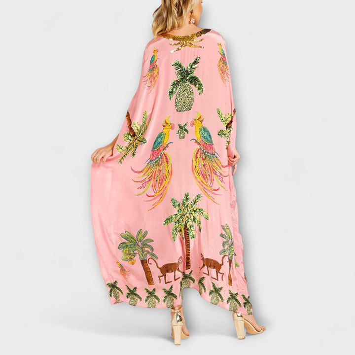 Florence - Boho Women's Maxi Dress with V-Neck and Tropical Print and Sequin Trim
