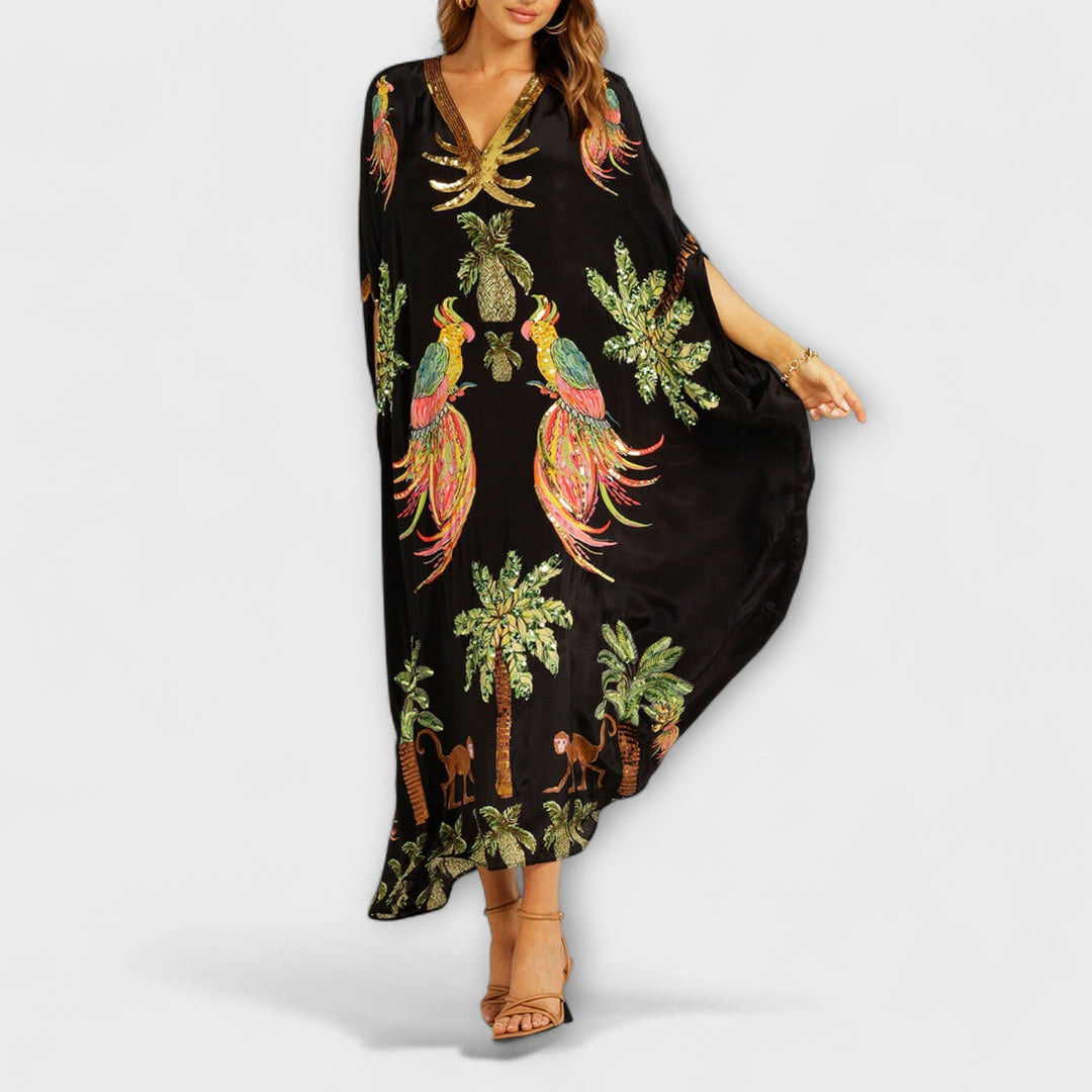 Florence - Boho Women's Maxi Dress with V-Neck and Tropical Print and Sequin Trim