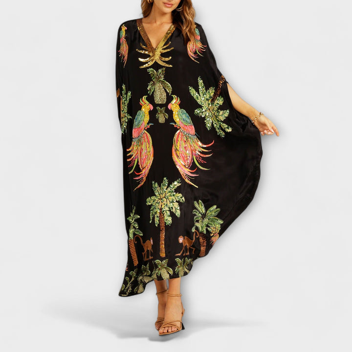 Florence - Boho Women's Maxi Dress with V-Neck and Tropical Print and Sequin Trim