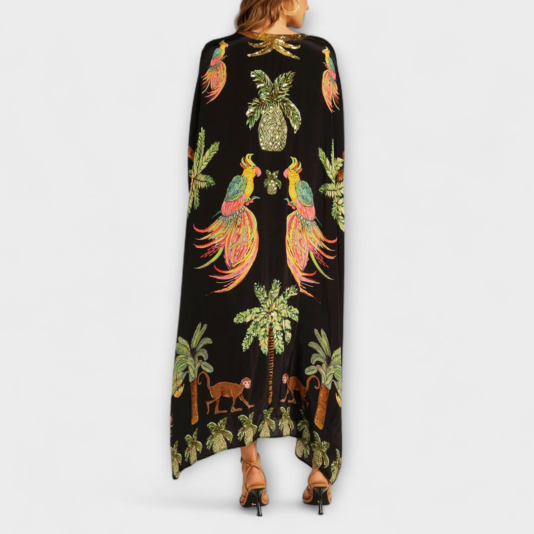 Florence - Boho Women's Maxi Dress with V-Neck and Tropical Print and Sequin Trim