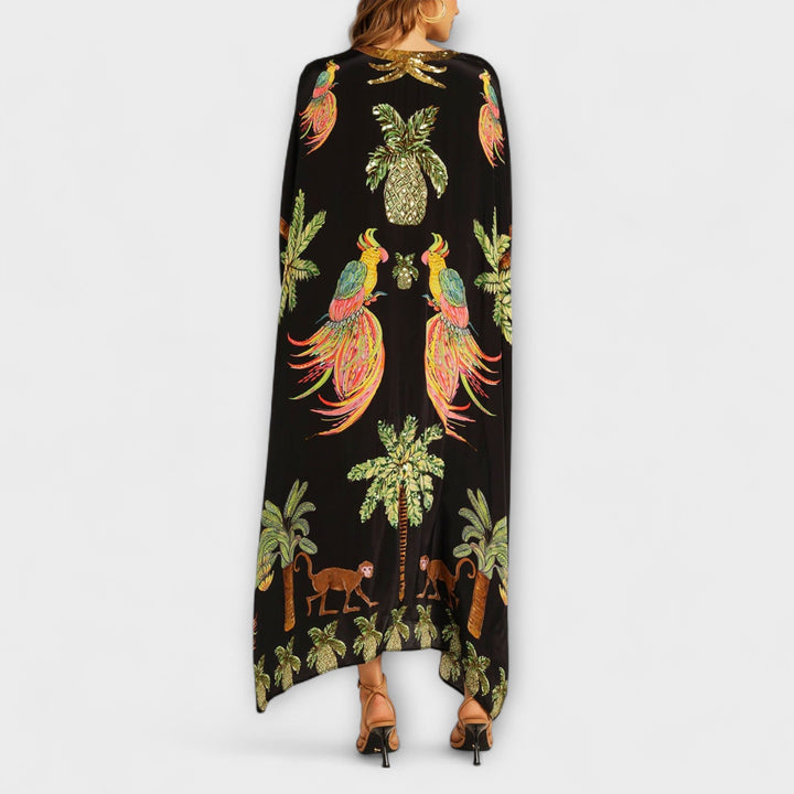 Florence - Boho Women's Maxi Dress with V-Neck and Tropical Print and Sequin Trim