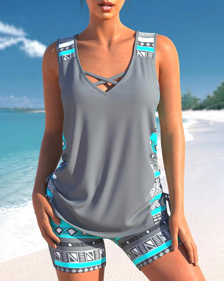 Florence - Casual Women's Swimsuit Tankini Set with V Neck Tank Top and Bike Short Bottoms