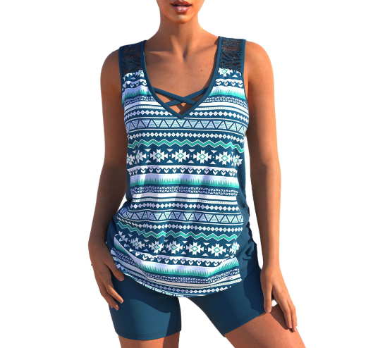 Florence - Casual Women's Swimsuit Tankini Set with V Neck Tank Top and Bike Short Bottoms