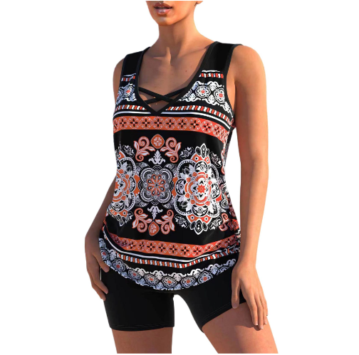 Florence - Casual Women's Swimsuit Tankini Set with V Neck Tank Top and Bike Short Bottoms