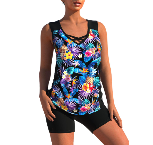 Florence - Casual Women's Swimsuit Tankini Set with V Neck Tank Top and Bike Short Bottoms