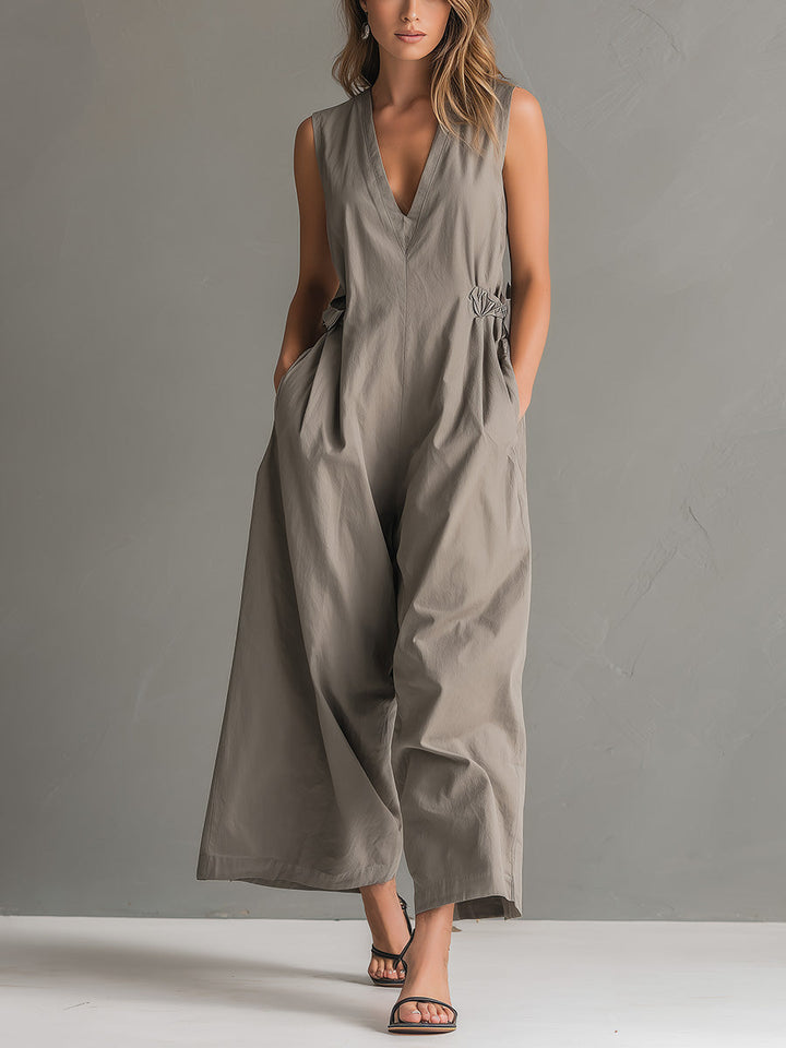 Florence - Elegant Women's Linen Jumpsuit with V-Neck and Wide Leg
