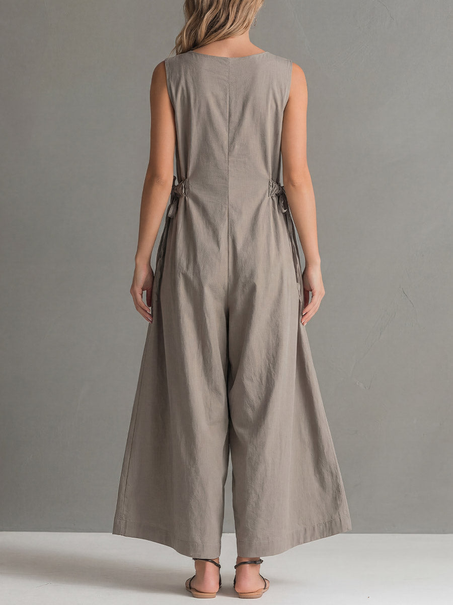 Florence - Elegant Women's Linen Jumpsuit with V-Neck and Wide Leg