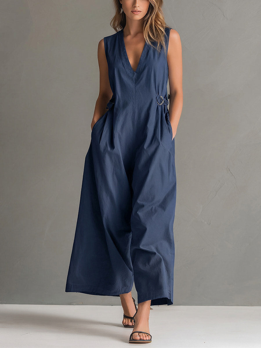 Florence - Elegant Women's Linen Jumpsuit with V-Neck and Wide Leg
