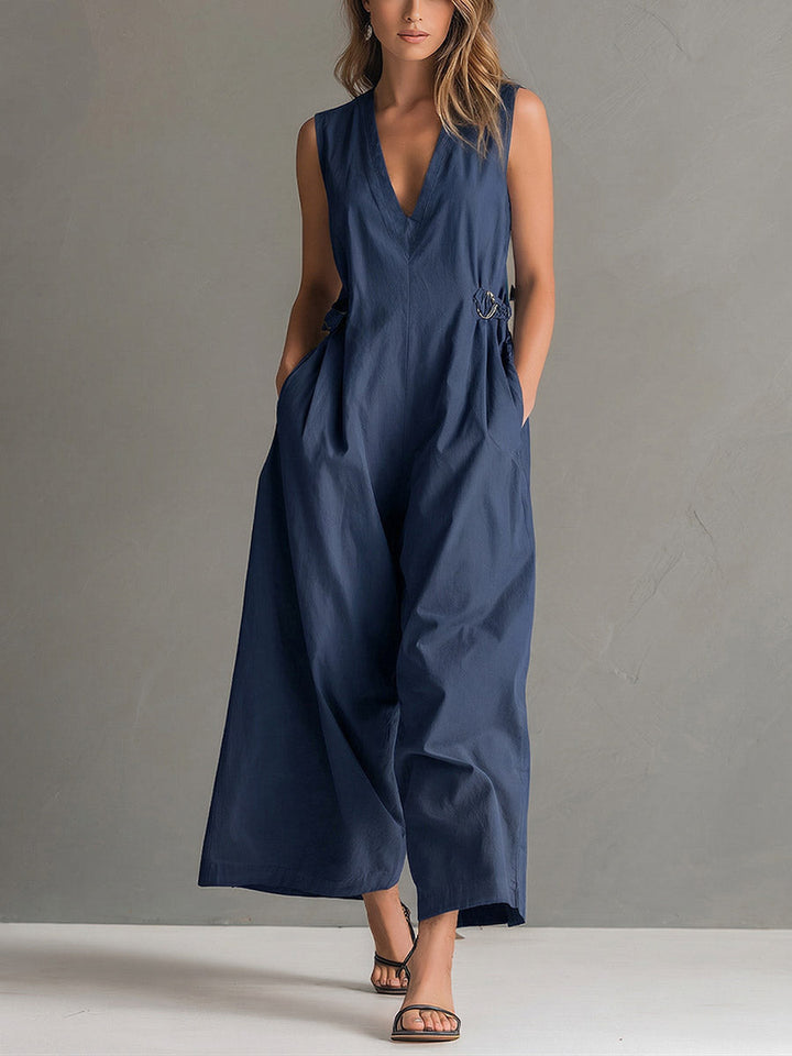 Florence - Elegant Women's Linen Jumpsuit with V-Neck and Wide Leg