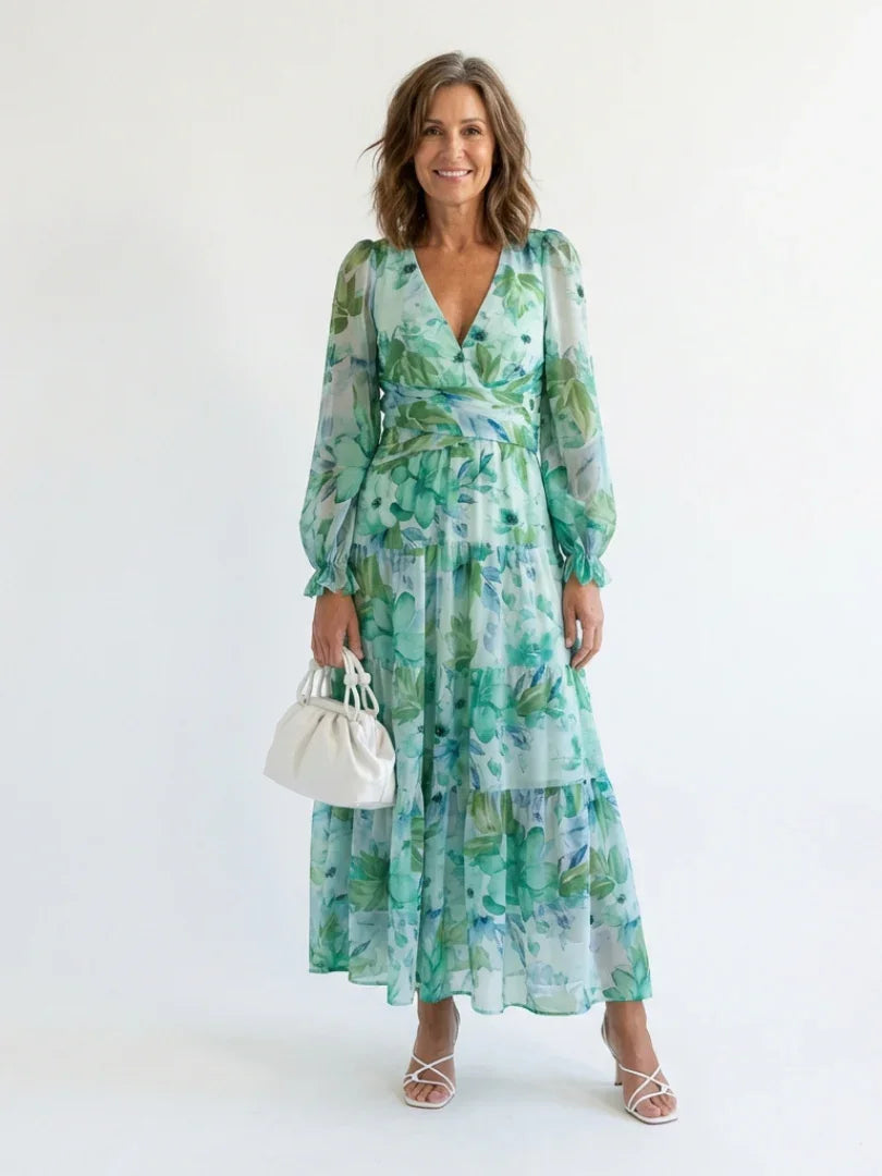Florence - Elegant Women's Maxi Summer Dress with V-Neck and Long Sleeves