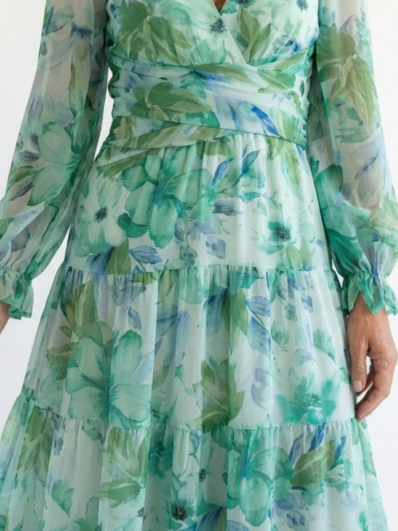 Florence - Elegant Women's Maxi Summer Dress with V-Neck and Long Sleeves