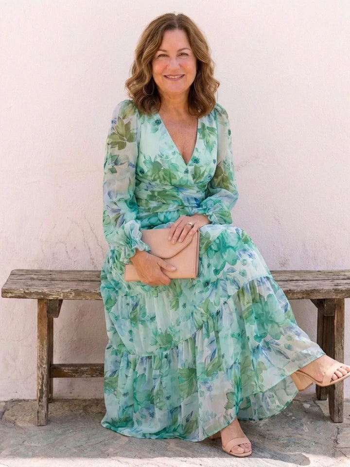 Florence - Elegant Women's Maxi Summer Dress with V-Neck and Long Sleeves