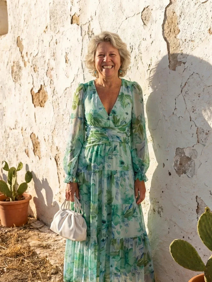 Florence - Elegant Women's Maxi Summer Dress with V-Neck and Long Sleeves