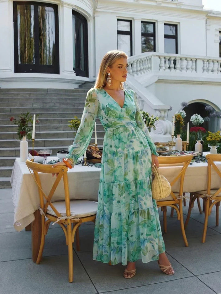 Florence - Elegant Women's Maxi Summer Dress with V-Neck and Long Sleeves