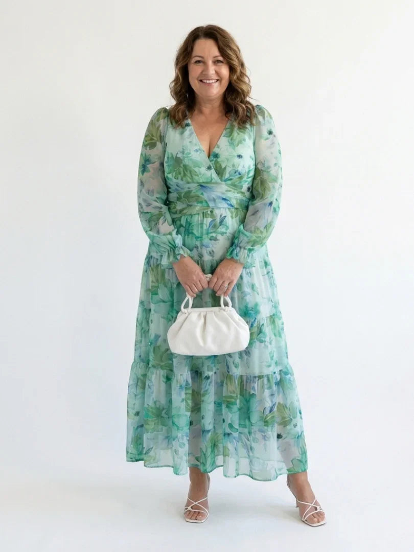 Florence - Elegant Women's Maxi Summer Dress with V-Neck and Long Sleeves