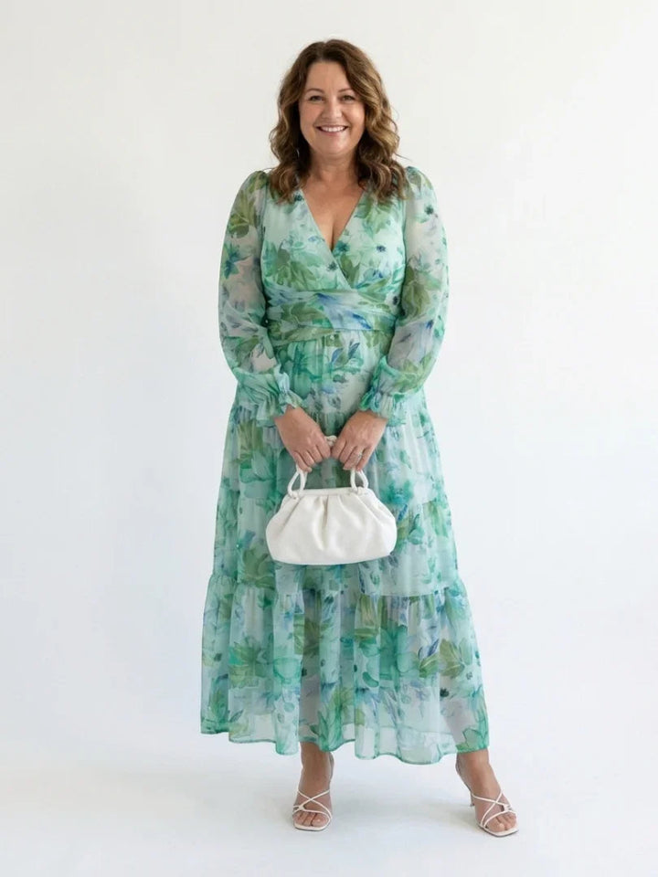 Florence - Elegant Women's Maxi Summer Dress with V-Neck and Long Sleeves