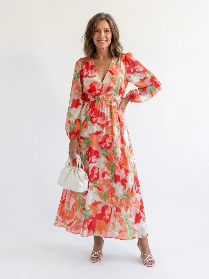 Florence - Elegant Women's Maxi Summer Dress with V-Neck and Long Sleeves