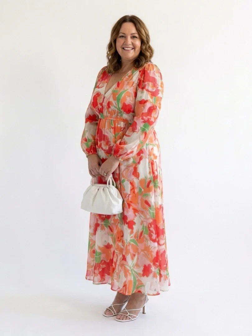 Florence - Elegant Women's Maxi Summer Dress with V-Neck and Long Sleeves
