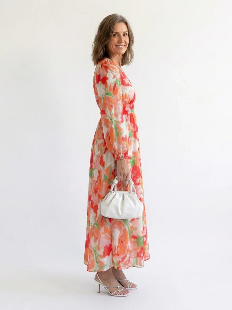 Florence - Elegant Women's Maxi Summer Dress with V-Neck and Long Sleeves