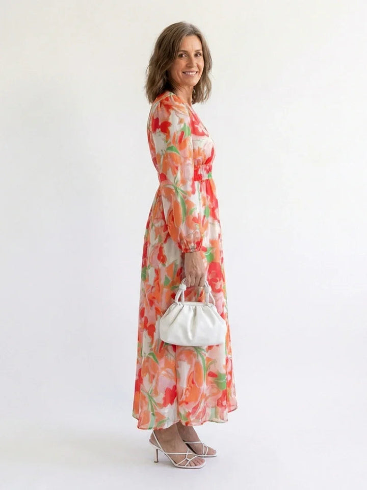 Florence - Elegant Women's Maxi Summer Dress with V-Neck and Long Sleeves