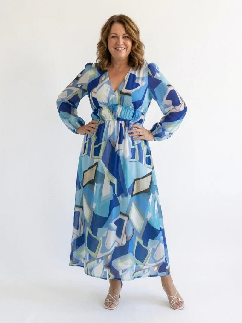Florence - Elegant Women's Maxi Summer Dress with V-Neck and Long Sleeves