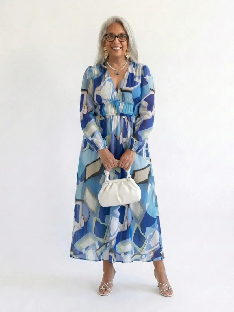 Florence - Elegant Women's Maxi Summer Dress with V-Neck and Long Sleeves