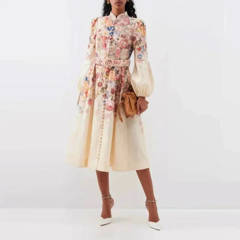 Florence - Elegant Women's Wedding Guest Midi Dress with Balloon Sleeves and Floral Print