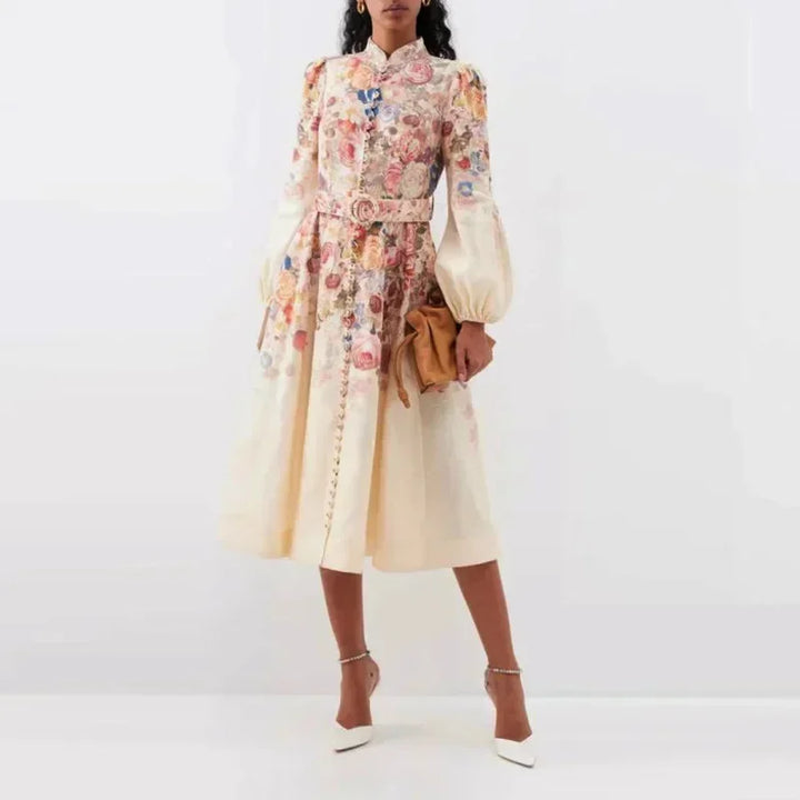 Florence - Elegant Women's Wedding Guest Midi Dress with Balloon Sleeves and Floral Print